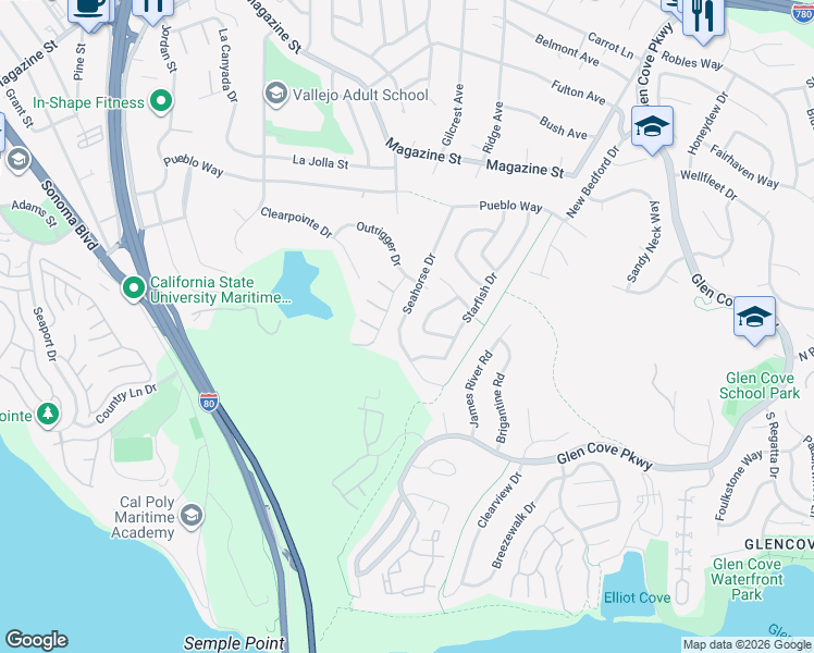 map of restaurants, bars, coffee shops, grocery stores, and more near 397 Seahorse Drive in Vallejo