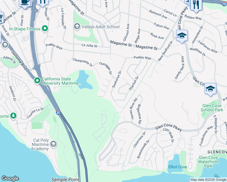 map of restaurants, bars, coffee shops, grocery stores, and more near 397 Seahorse Drive in Vallejo