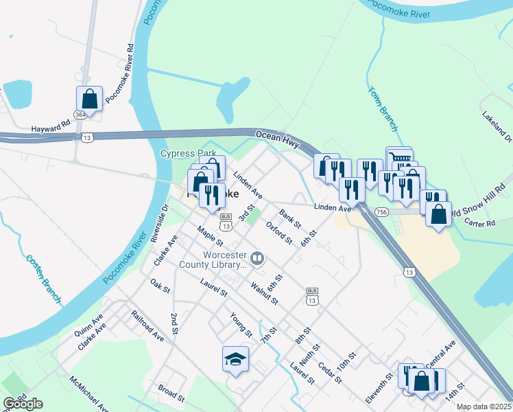 map of restaurants, bars, coffee shops, grocery stores, and more near 208 Linden Avenue in Pocomoke City