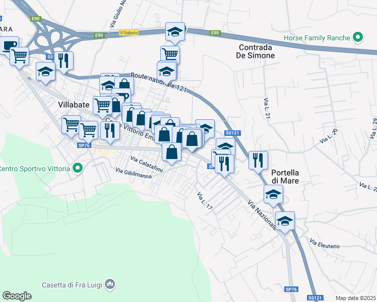map of restaurants, bars, coffee shops, grocery stores, and more near 614 Corso Vittorio Emanuele in Villabate