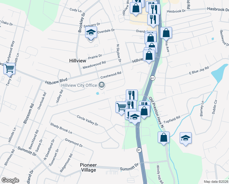 map of restaurants, bars, coffee shops, grocery stores, and more near 347 South Skyline Drive in Louisville