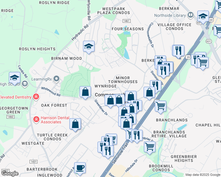 map of restaurants, bars, coffee shops, grocery stores, and more near 312 Minor Ridge Road in Charlottesville