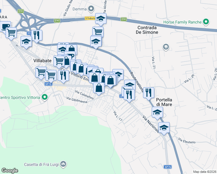 map of restaurants, bars, coffee shops, grocery stores, and more near 614 Corso Vittorio Emanuele in Villabate