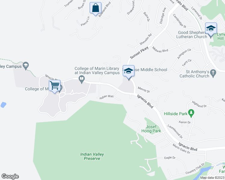 map of restaurants, bars, coffee shops, grocery stores, and more near 106 Indian Way in Novato