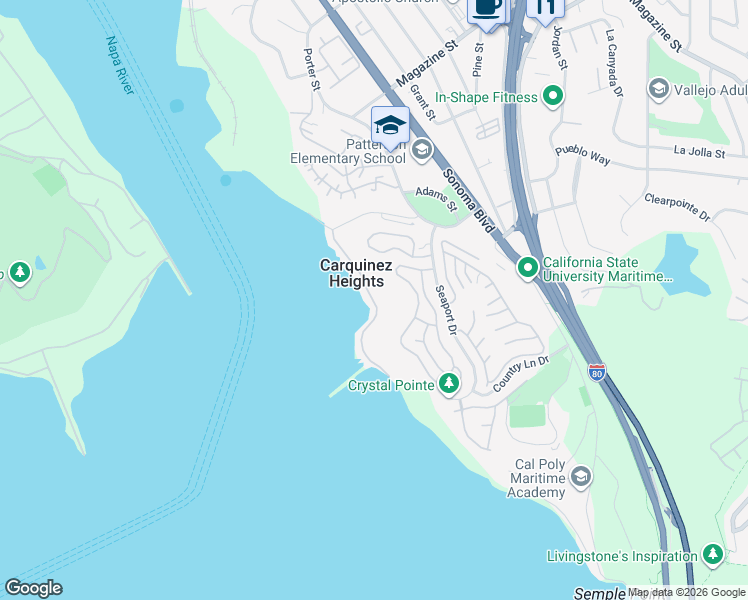 map of restaurants, bars, coffee shops, grocery stores, and more near 17 Sandy Beach Road in Vallejo