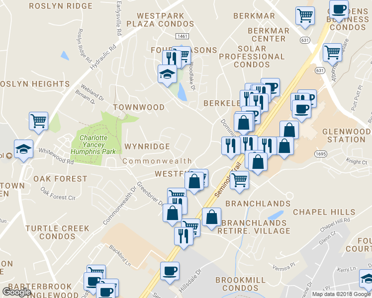 map of restaurants, bars, coffee shops, grocery stores, and more near 1415 Minor Ridge Court in Charlottesville
