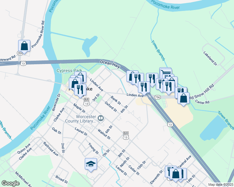 map of restaurants, bars, coffee shops, grocery stores, and more near Linden Avenue in Pocomoke City