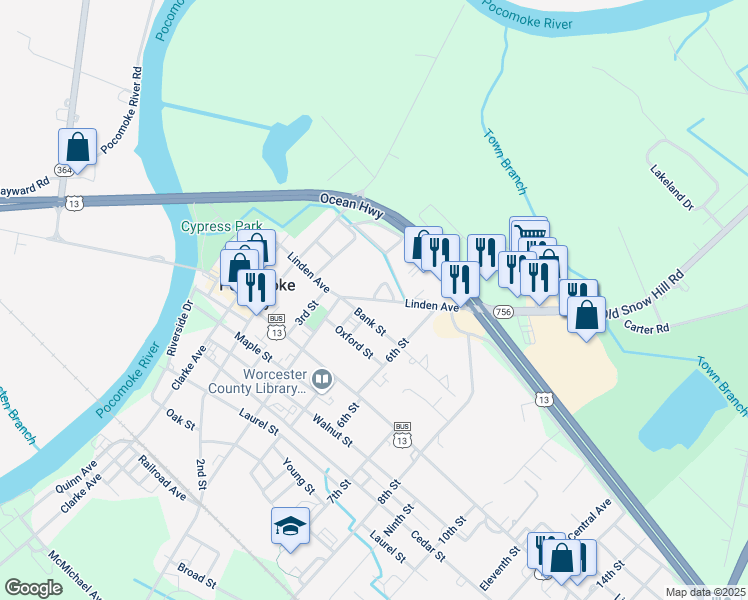map of restaurants, bars, coffee shops, grocery stores, and more near Linden Avenue in Pocomoke City