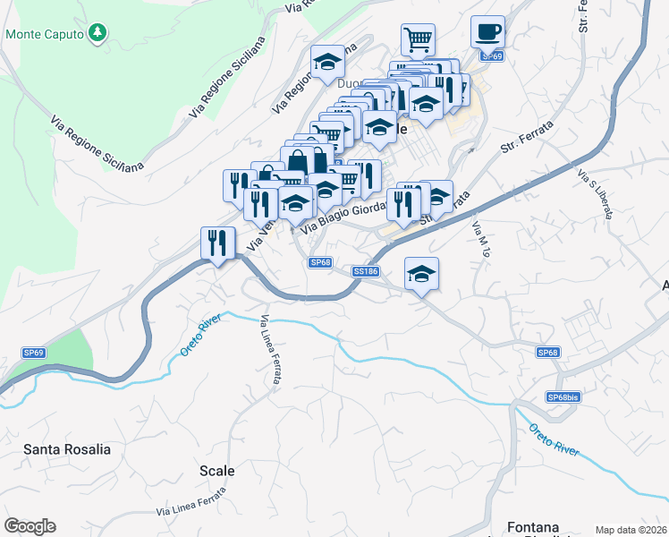 map of restaurants, bars, coffee shops, grocery stores, and more near 45 Via Moro Aldo in Monreale