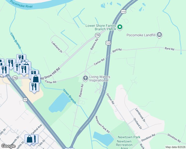 map of restaurants, bars, coffee shops, grocery stores, and more near 2262 Groton Road in Pocomoke City
