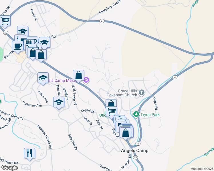 map of restaurants, bars, coffee shops, grocery stores, and more near 850 Purdy Road in Angels Camp