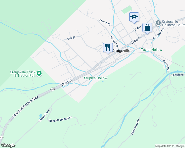 map of restaurants, bars, coffee shops, grocery stores, and more near 210 Railroad Avenue in Craigsville