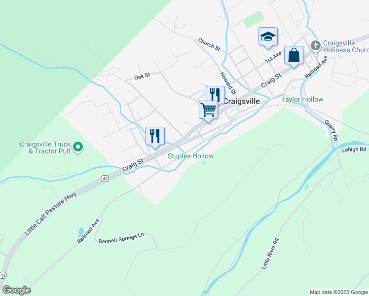 map of restaurants, bars, coffee shops, grocery stores, and more near 210 Railroad Avenue in Craigsville