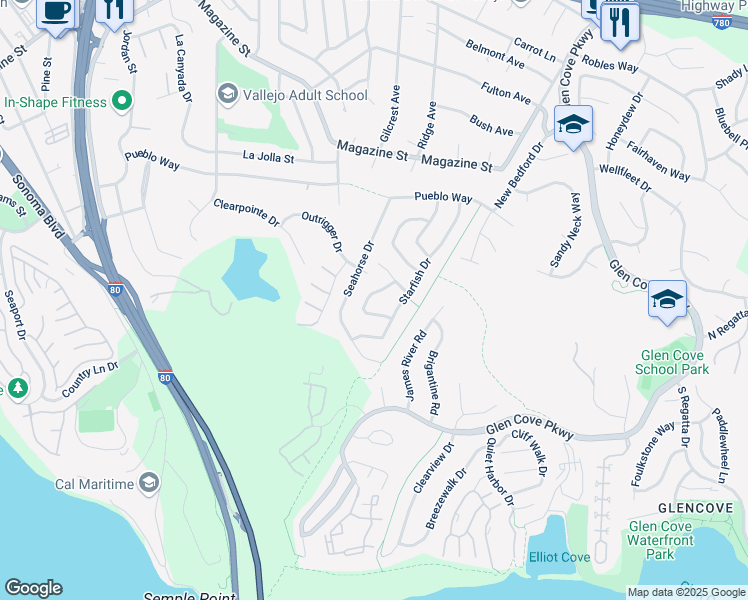 map of restaurants, bars, coffee shops, grocery stores, and more near 194 Seascape Drive in Vallejo