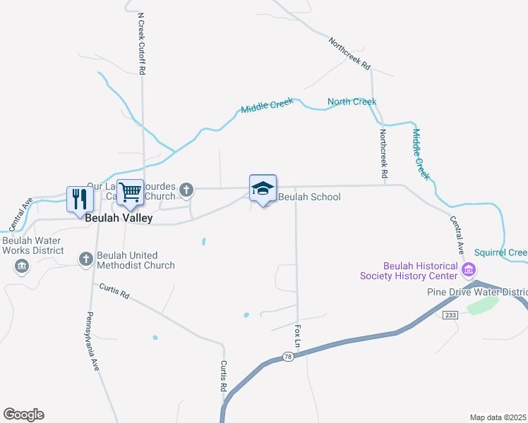 map of restaurants, bars, coffee shops, grocery stores, and more near 8734 School House Lane in Beulah Valley
