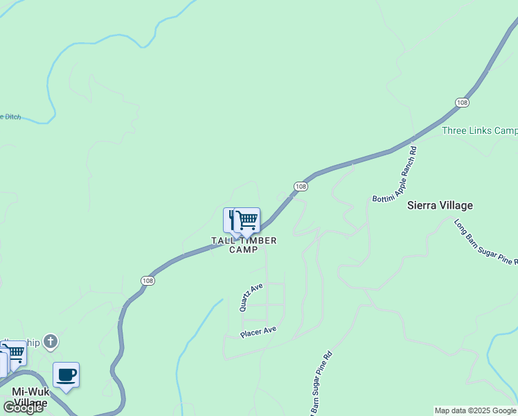 map of restaurants, bars, coffee shops, grocery stores, and more near 25010 California 108 in Mi-Wuk Village