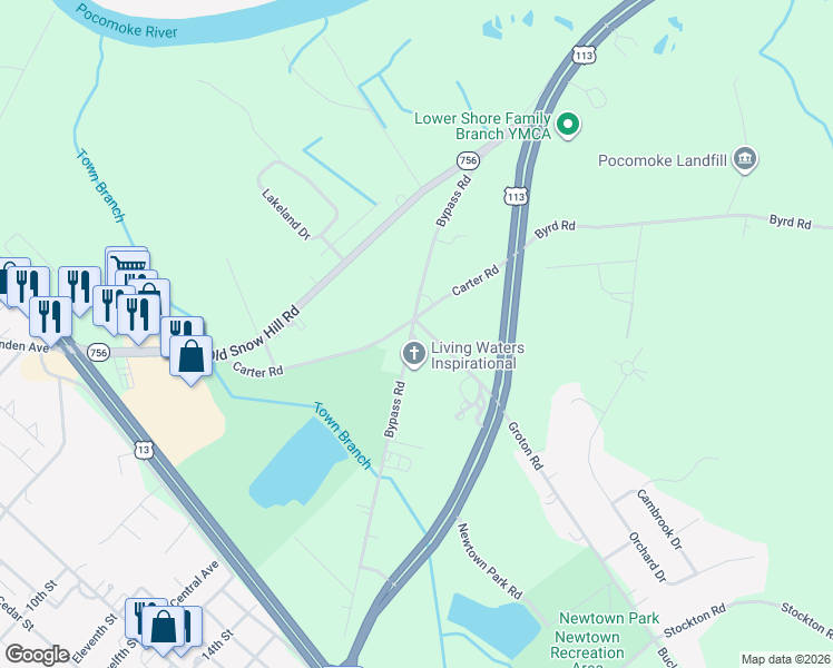 map of restaurants, bars, coffee shops, grocery stores, and more near 2262 Groton Road in Pocomoke City