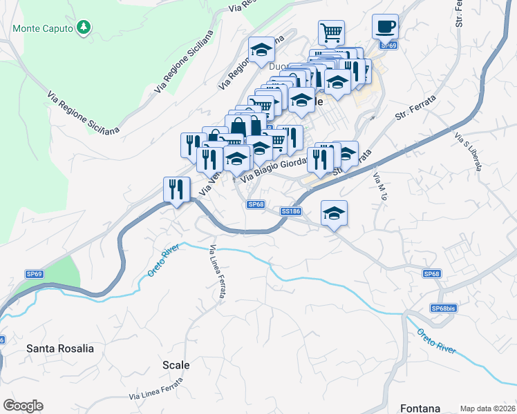 map of restaurants, bars, coffee shops, grocery stores, and more near 45 Via Aldo Moro in Monreale