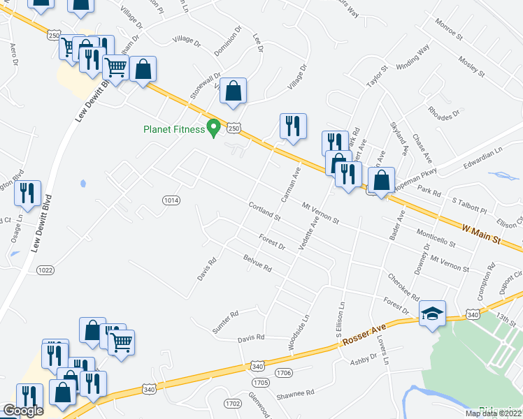 map of restaurants, bars, coffee shops, grocery stores, and more near 2316 Cortland Street in Waynesboro