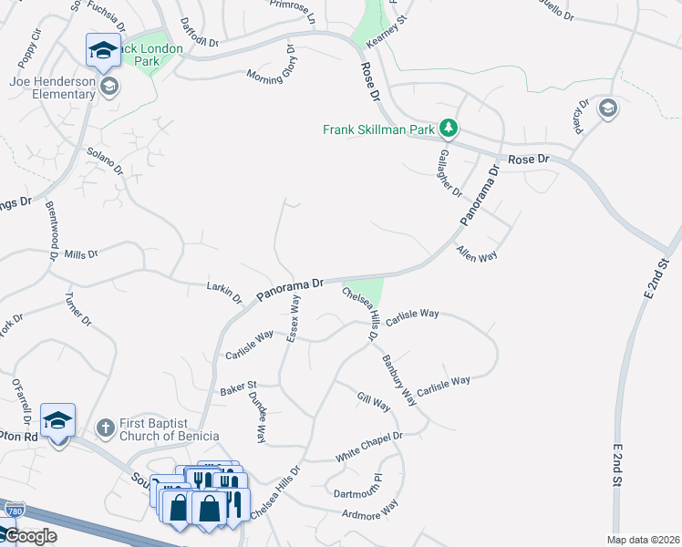 map of restaurants, bars, coffee shops, grocery stores, and more near 203 Panorama Drive in Benicia