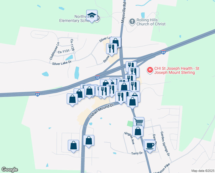 map of restaurants, bars, coffee shops, grocery stores, and more near 205 Evans Dr in Mt Sterling