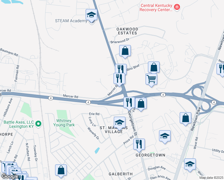 map of restaurants, bars, coffee shops, grocery stores, and more near 1405 Mercer Road in Lexington