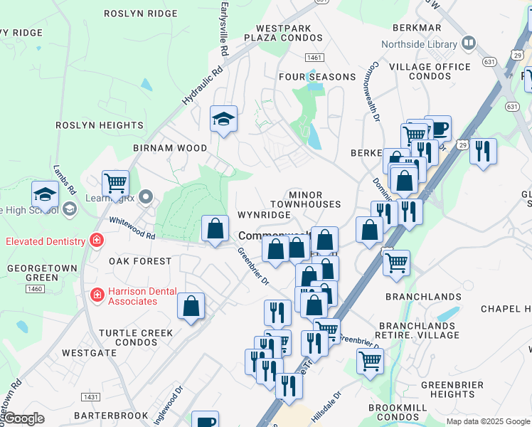 map of restaurants, bars, coffee shops, grocery stores, and more near 354 Westfield Road in Charlottesville