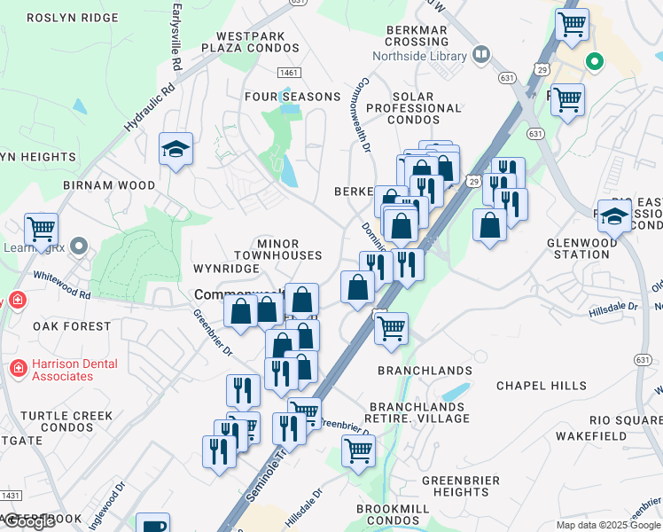 map of restaurants, bars, coffee shops, grocery stores, and more near 2415 Commonwealth Drive in Charlottesville