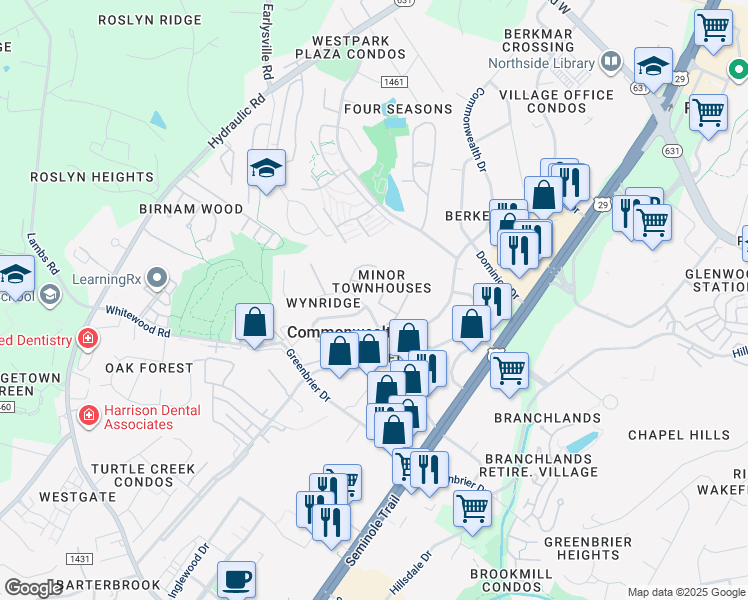 map of restaurants, bars, coffee shops, grocery stores, and more near 1524 Minor Ridge Court in Charlottesville
