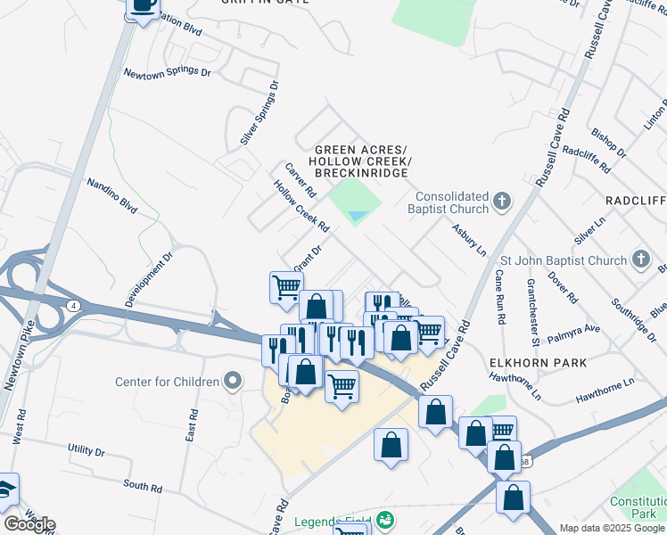 map of restaurants, bars, coffee shops, grocery stores, and more near 1510 Grant Drive in Lexington