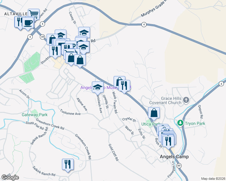 map of restaurants, bars, coffee shops, grocery stores, and more near 1049 South Main Street in Angels Camp