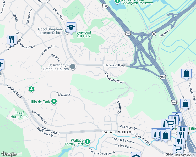 map of restaurants, bars, coffee shops, grocery stores, and more near 1036 Susan Way in Novato
