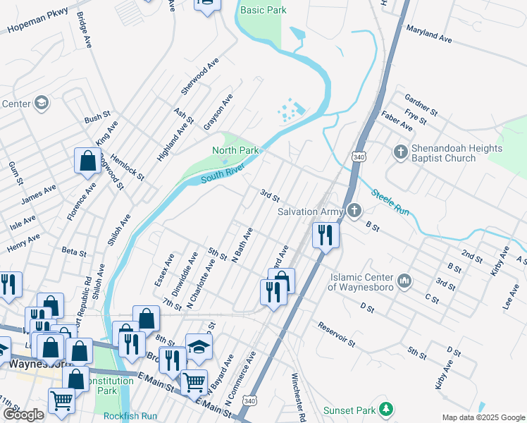 map of restaurants, bars, coffee shops, grocery stores, and more near 654 North Bath Avenue in Waynesboro