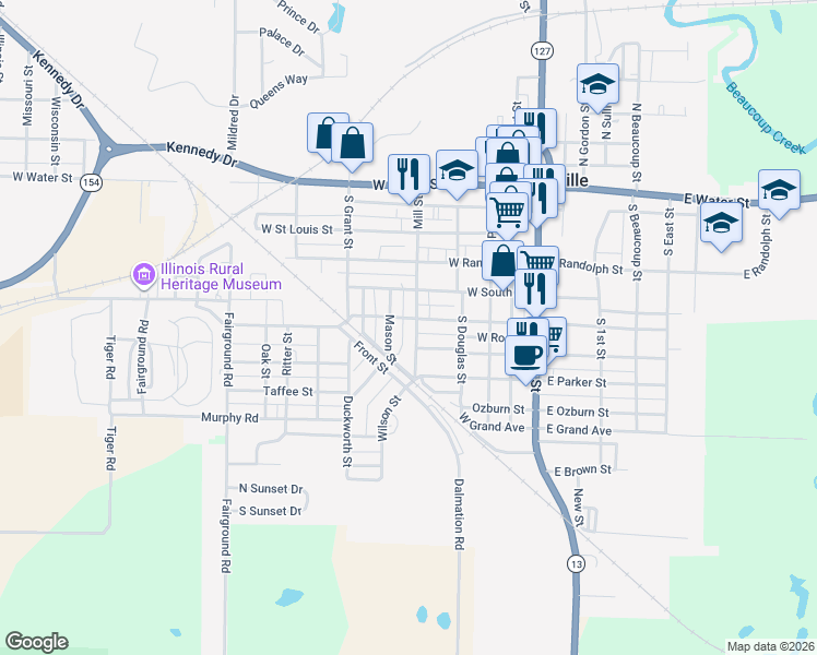 map of restaurants, bars, coffee shops, grocery stores, and more near 316 Kaskaskia Street in Pinckneyville