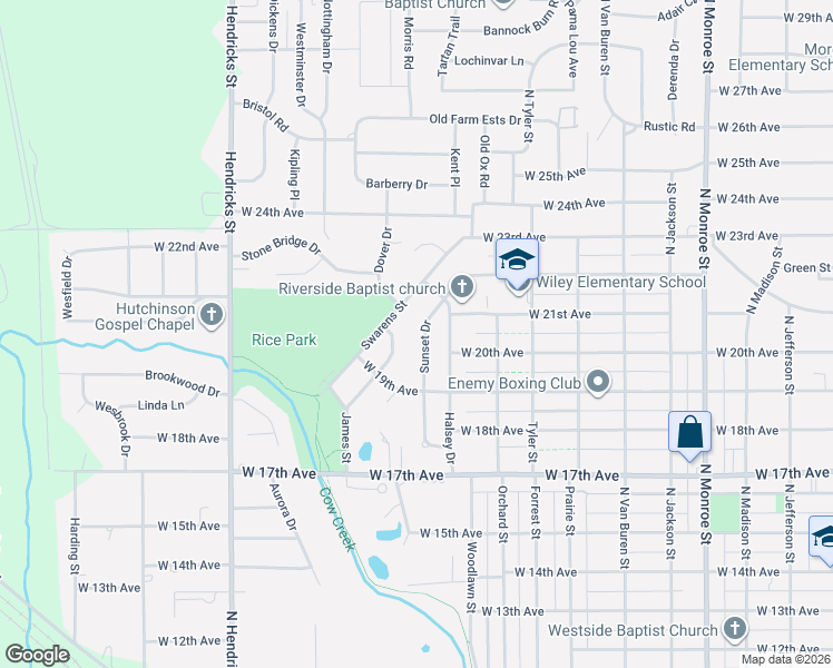 map of restaurants, bars, coffee shops, grocery stores, and more near 42-44 Sunset Drive in Hutchinson
