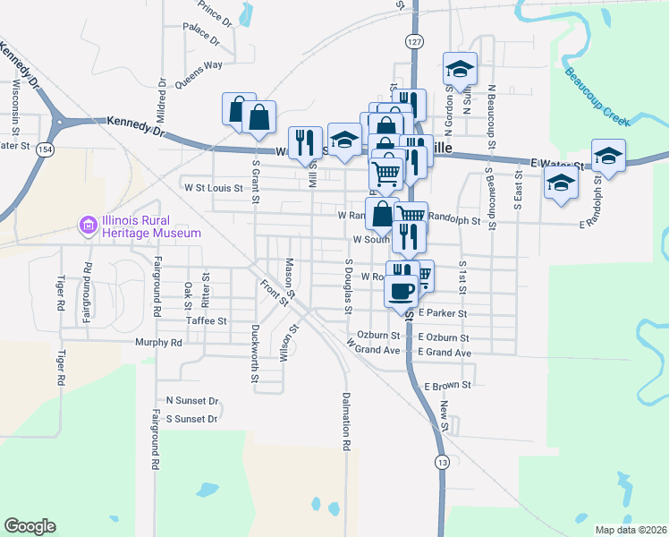 map of restaurants, bars, coffee shops, grocery stores, and more near 499 Douglas Street in Pinckneyville