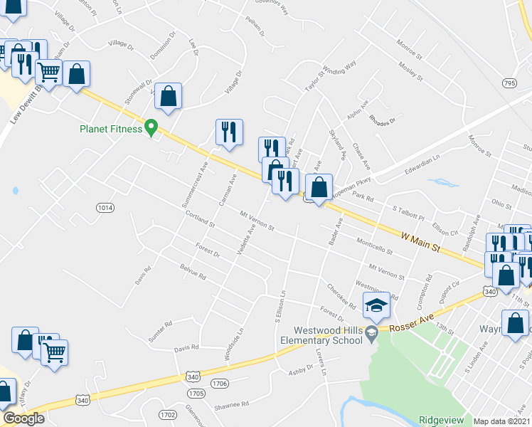map of restaurants, bars, coffee shops, grocery stores, and more near 140 Vedette Avenue in Waynesboro