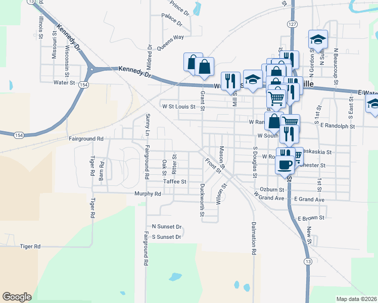 map of restaurants, bars, coffee shops, grocery stores, and more near 701 County Road in Pinckneyville