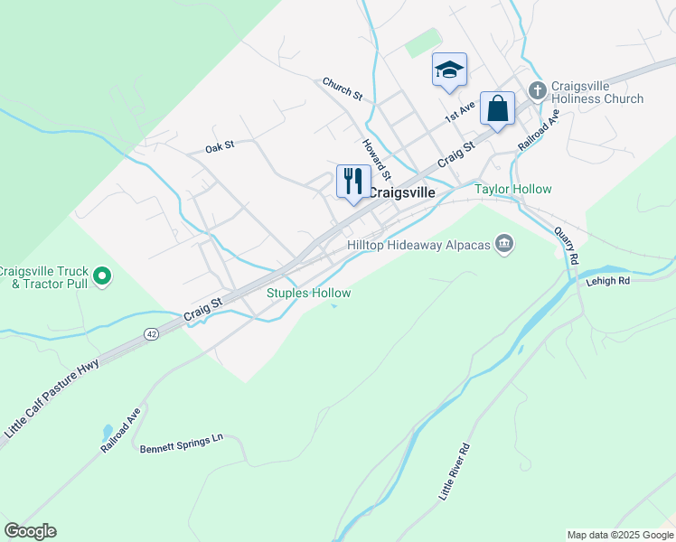 map of restaurants, bars, coffee shops, grocery stores, and more near 145 Railroad Avenue in Craigsville