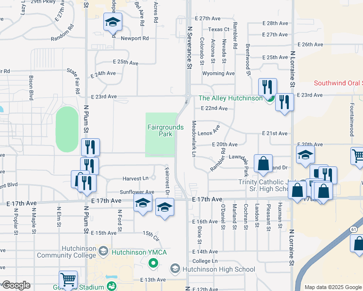 map of restaurants, bars, coffee shops, grocery stores, and more near 1900 North Severance Street in Hutchinson