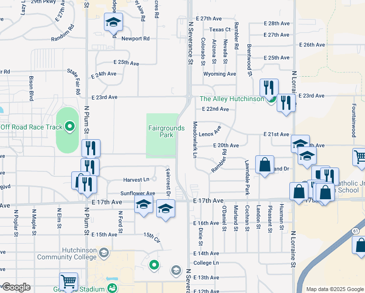 map of restaurants, bars, coffee shops, grocery stores, and more near 1900 North Severance Street in Hutchinson