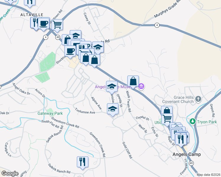 map of restaurants, bars, coffee shops, grocery stores, and more near 612 Stanislaus Avenue in Angels Camp