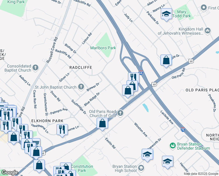 map of restaurants, bars, coffee shops, grocery stores, and more near 1824 Blue Ridge Drive in Lexington