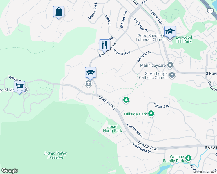 map of restaurants, bars, coffee shops, grocery stores, and more near 31 Shannon Court in Novato