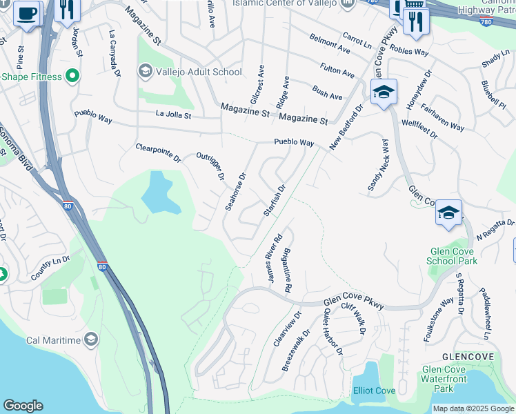 map of restaurants, bars, coffee shops, grocery stores, and more near 194 Seascape Drive in Vallejo