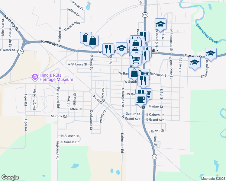 map of restaurants, bars, coffee shops, grocery stores, and more near 316 Kaskaskia Street in Pinckneyville