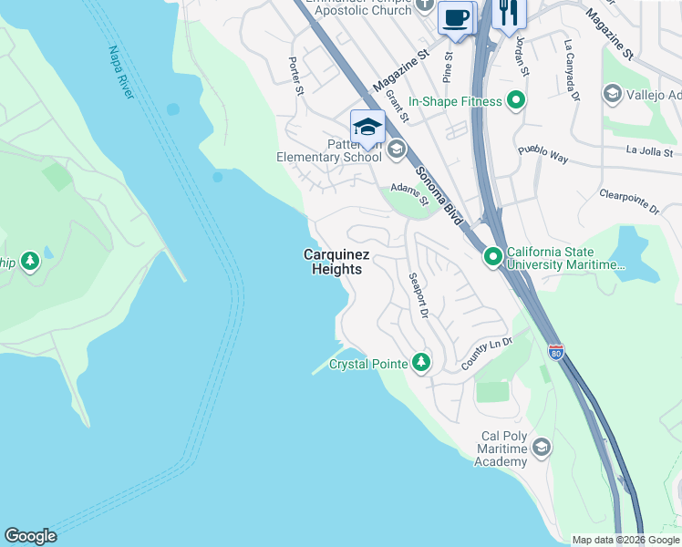map of restaurants, bars, coffee shops, grocery stores, and more near 17 Sandy Beach Road in Vallejo
