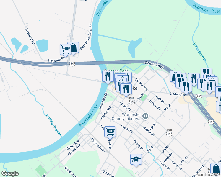 map of restaurants, bars, coffee shops, grocery stores, and more near 2 Market Street in Pocomoke City