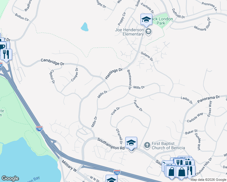 map of restaurants, bars, coffee shops, grocery stores, and more near 452 Mills Drive in Benicia