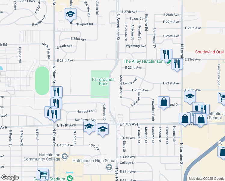 map of restaurants, bars, coffee shops, grocery stores, and more near 1904 North Severance Street in Hutchinson